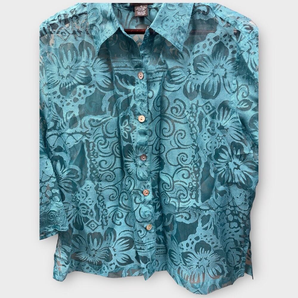 NWT West End Sheer Burnout Blouse Size Medium Caribbean Teal - W80 - Picture 3 of 7